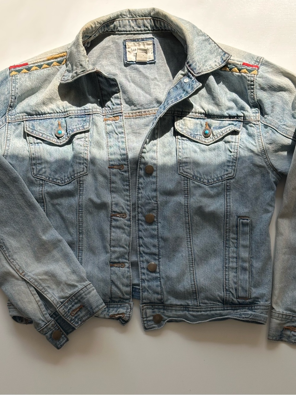 Forever 21 Light Blue Denim Jacket with Multicolor Shoulder Trim
